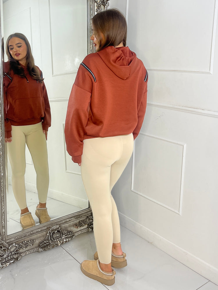 Shoulder Zip Detail Lightweight Hoodie - Rust