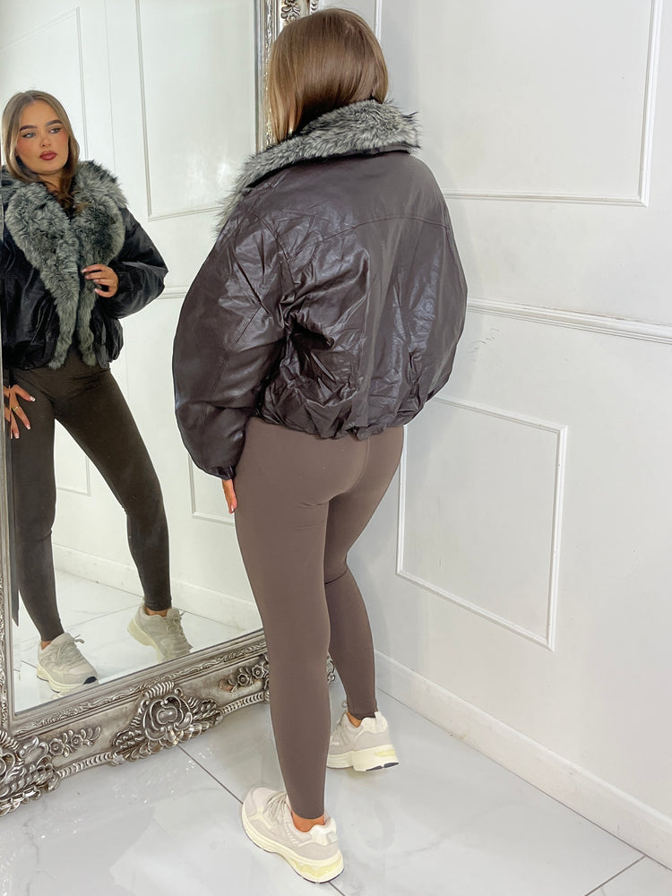 PU Faux Fur Collared Bomber Jacket - Brown