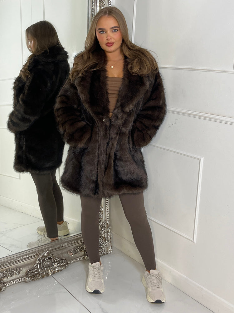 Mid Length Collared Faux Fur Jacket - Brown