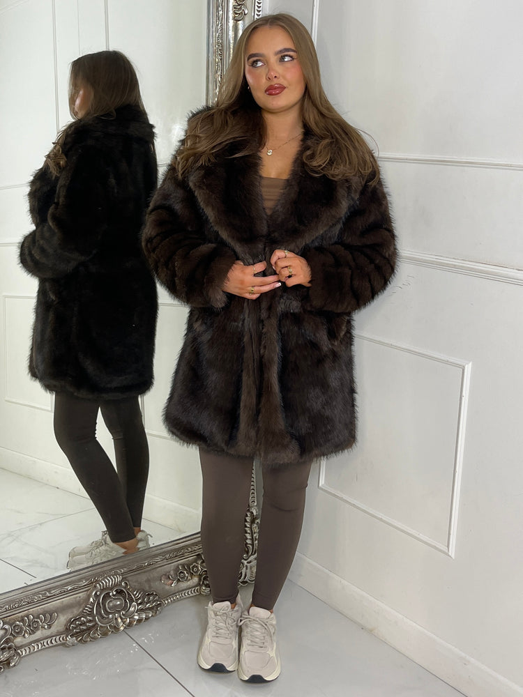 Mid Length Collared Faux Fur Jacket - Brown