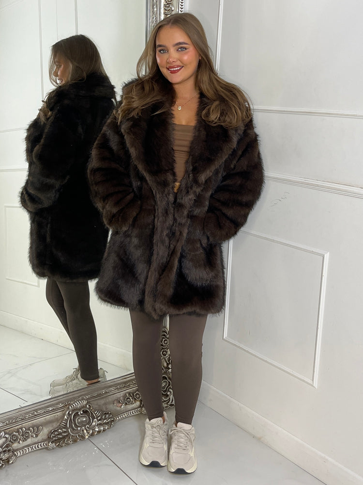 Mid Length Collared Faux Fur Jacket - Brown