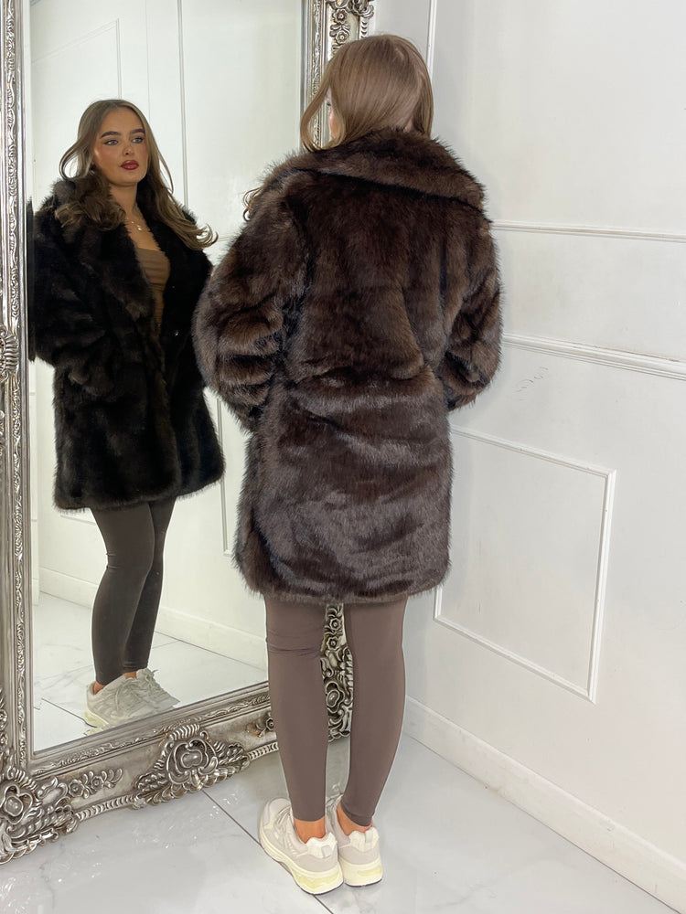 Mid Length Collared Faux Fur Jacket - Brown
