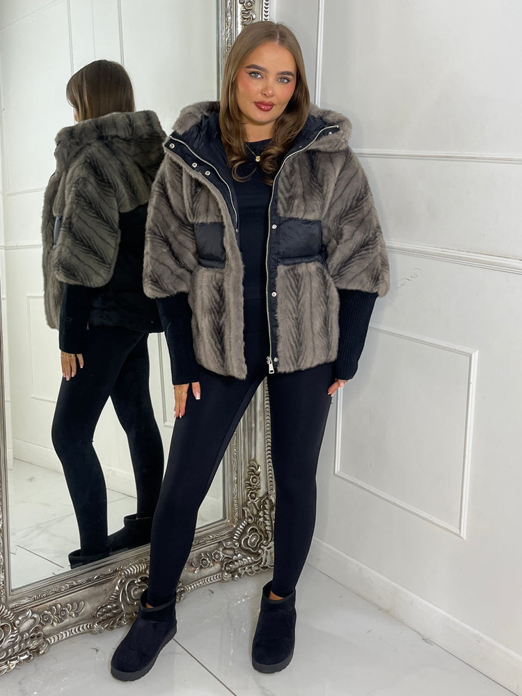 Faux Fur Patch Detail Hooded Jacket - Black