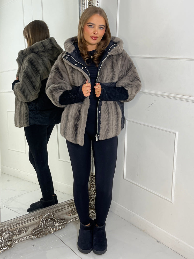 Faux Fur Patch Detail Hooded Jacket - Black