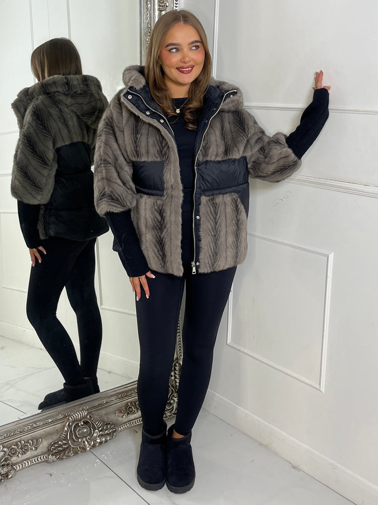 Faux Fur Patch Detail Hooded Jacket - Black