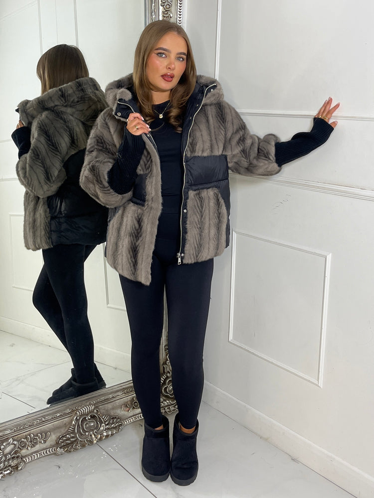 Faux Fur Patch Detail Hooded Jacket - Black