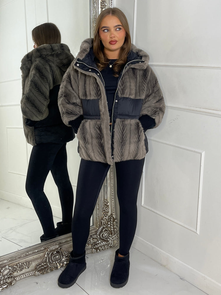 Faux Fur Patch Detail Hooded Jacket - Black