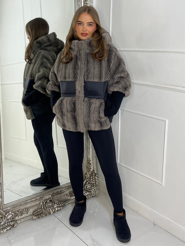 Faux Fur Patch Detail Hooded Jacket - Black