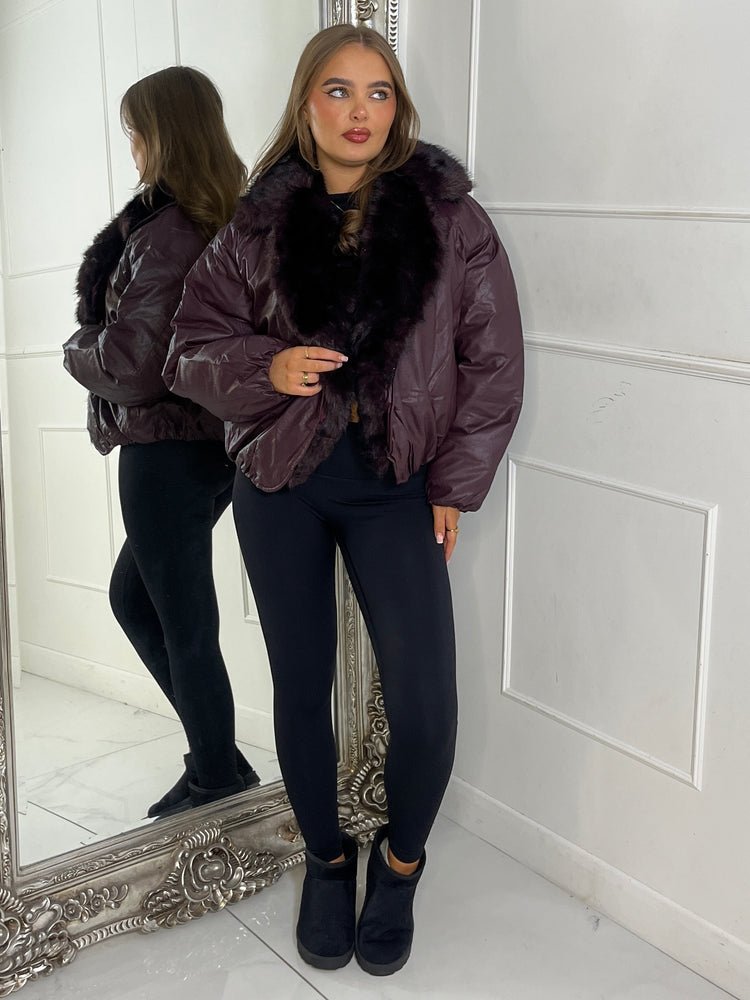 PU Faux Fur Collared Bomber Jacket - Wine