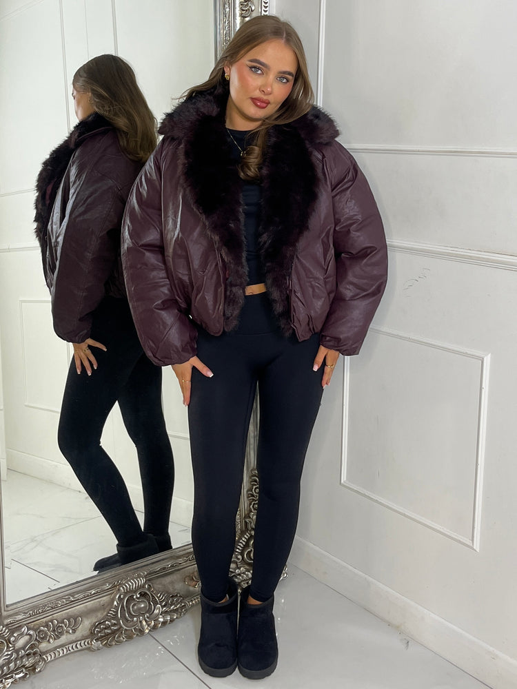 PU Faux Fur Collared Bomber Jacket - Wine