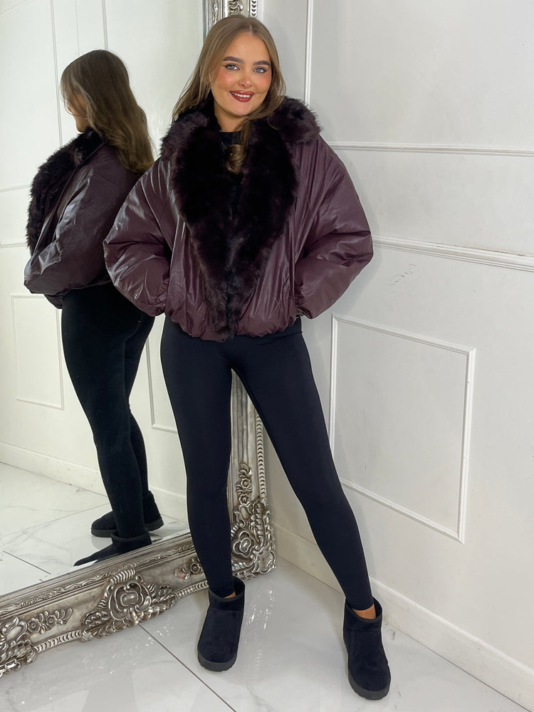 PU Faux Fur Collared Bomber Jacket - Wine