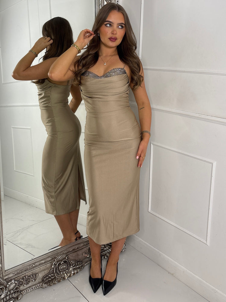 Satin Chainmail Detail Strappy maxi Dress - Gold