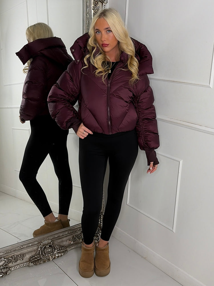 Puffer Coat With Detachable Hood - Wine