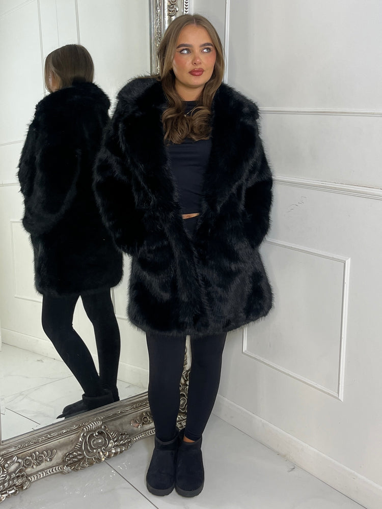 Mid Length Collared Faux Fur Jacket - Black