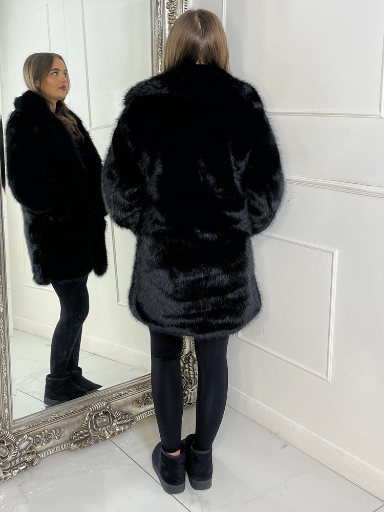 Mid Length Collared Faux Fur Jacket - Black