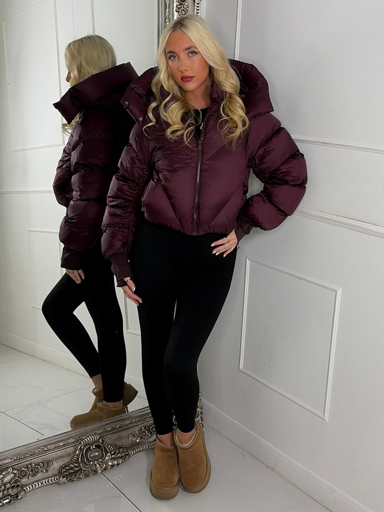 Puffer Coat With Detachable Hood - Wine