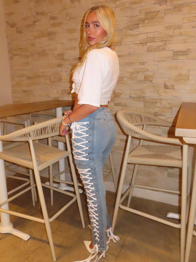Lace Up Side Jeans - Blue Denim