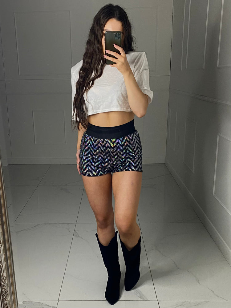 Zigzag Sequin Band Detail Shorts - Silver Zigzag