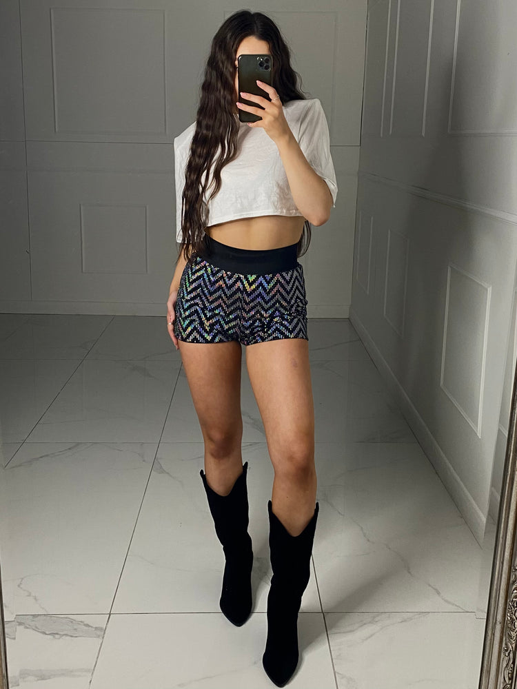 Zigzag Sequin Band Detail Shorts - Silver Zigzag