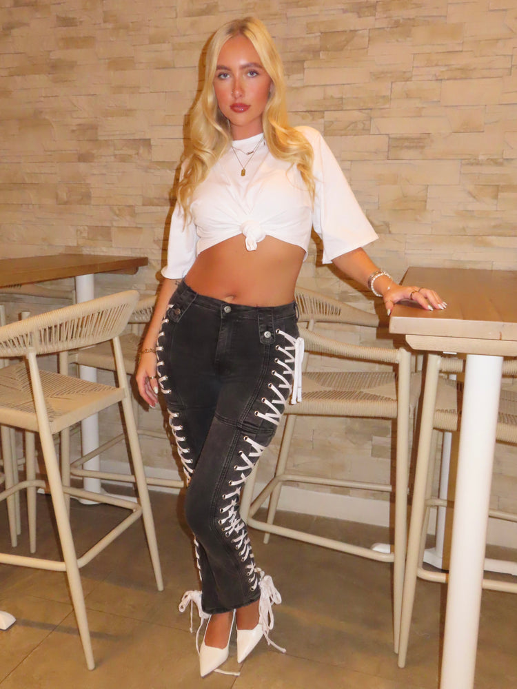 Lace Up Side Jeans - Grey Denim