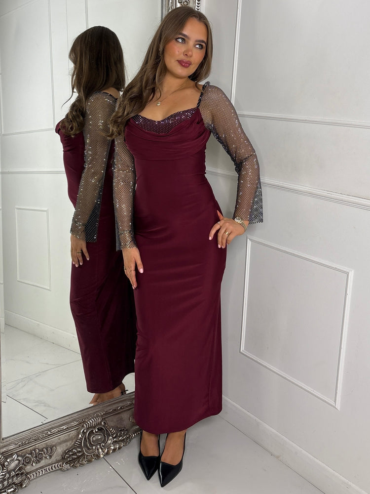 Cowl neck Chainmail Contrast maxi Dress - Wine