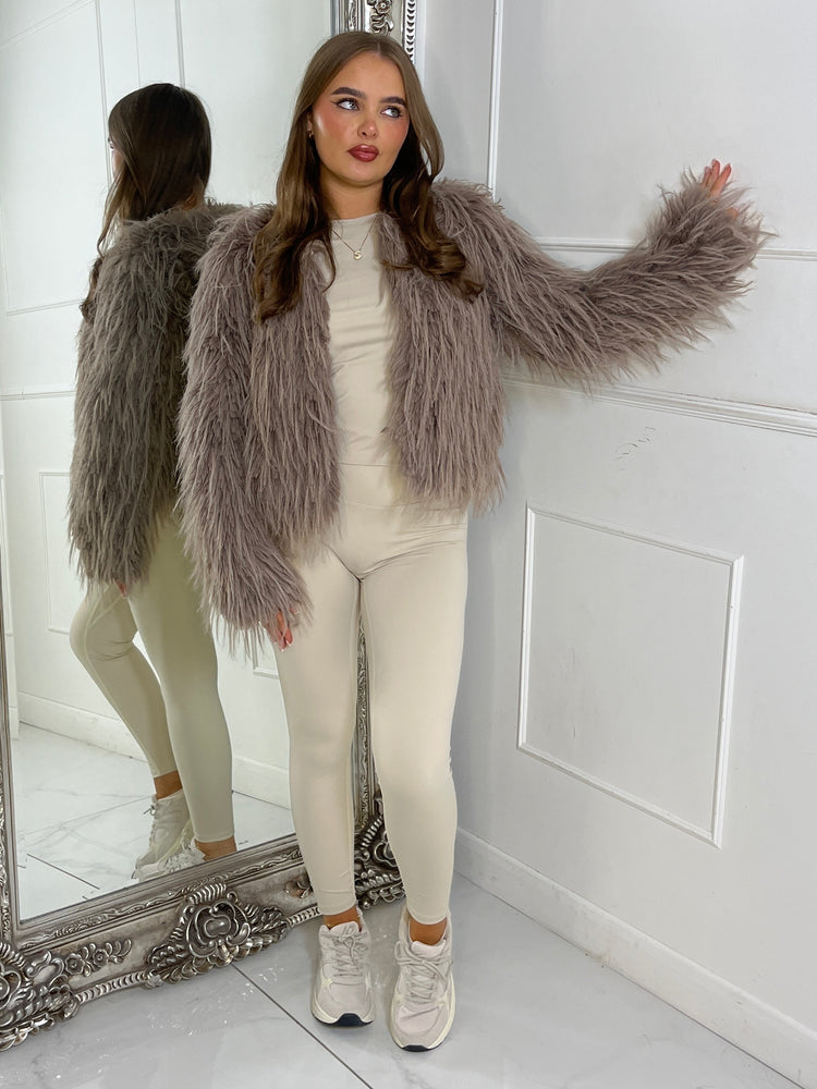 Shaggy Faux Fur Jacket - Brown