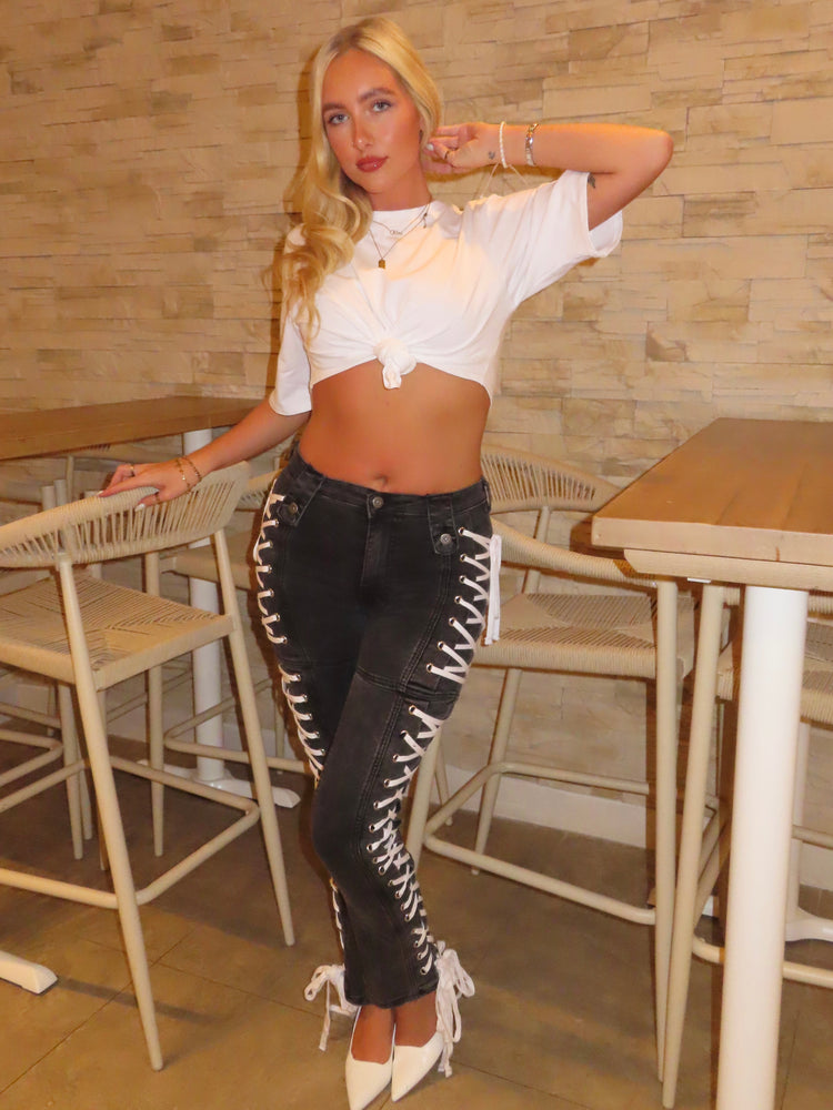 Lace Up Side Jeans - Grey Denim