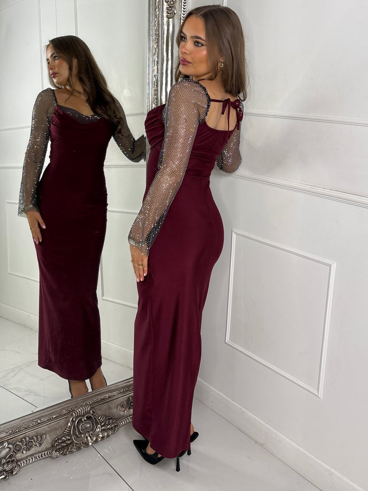 Cowl neck Chainmail Contrast maxi Dress - Wine