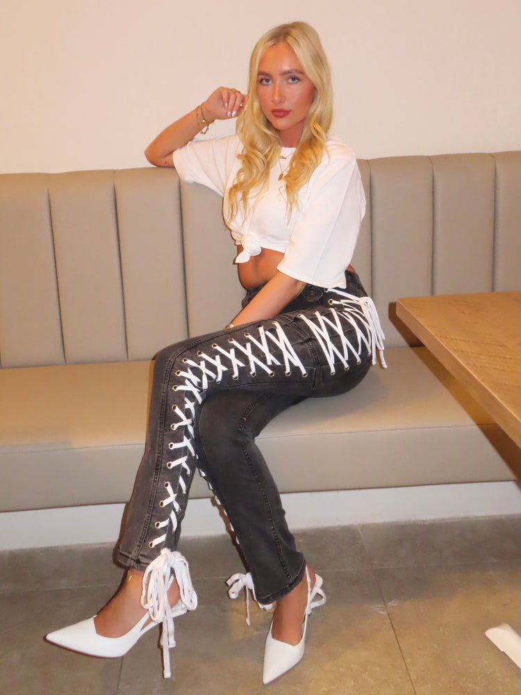Lace Up Side Jeans - Grey Denim