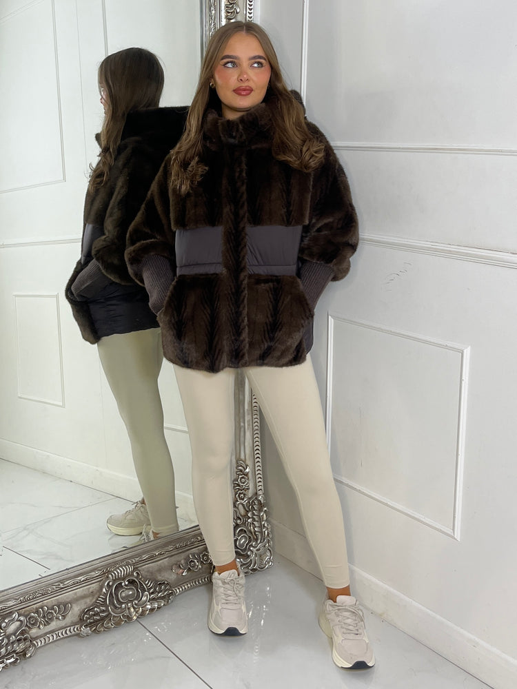 Faux Fur Patch Detail Hooded Jacket - Brown