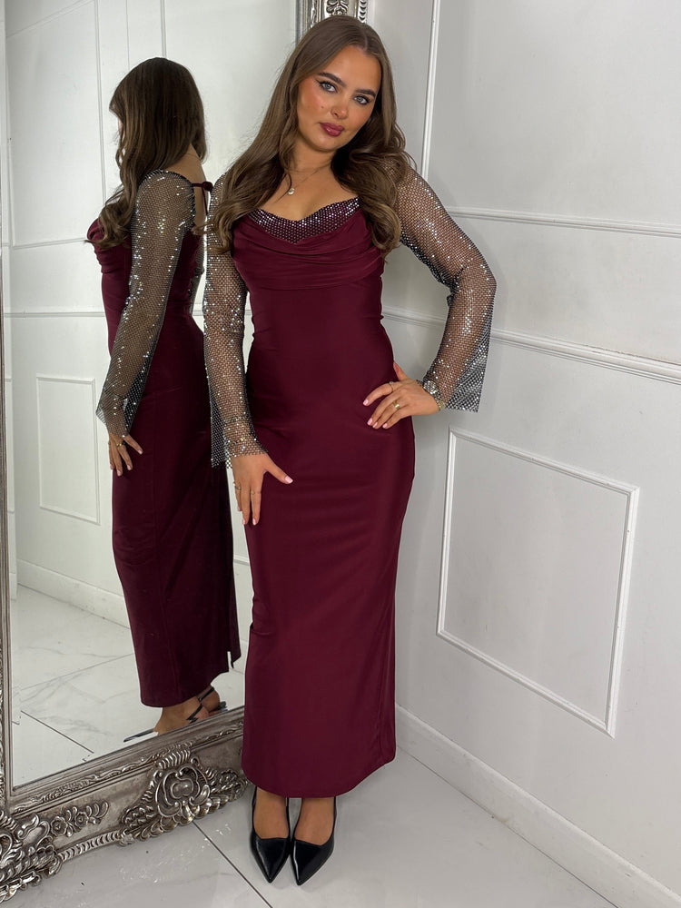 Cowl neck Chainmail Contrast maxi Dress - Wine