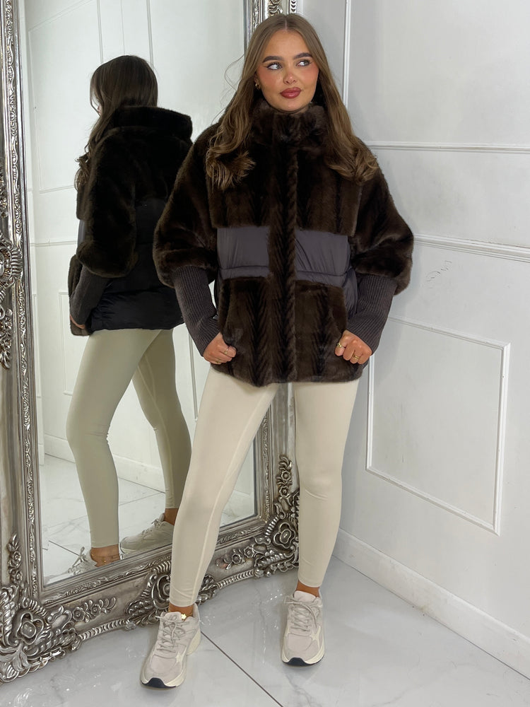 Faux Fur Patch Detail Hooded Jacket - Brown