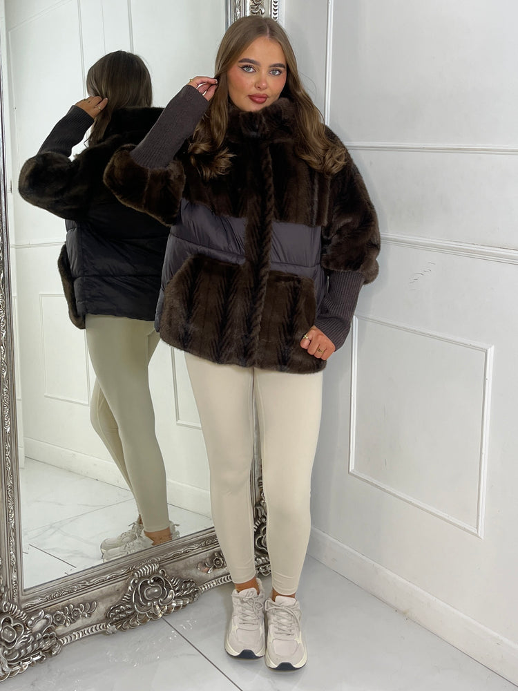 Faux Fur Patch Detail Hooded Jacket - Brown