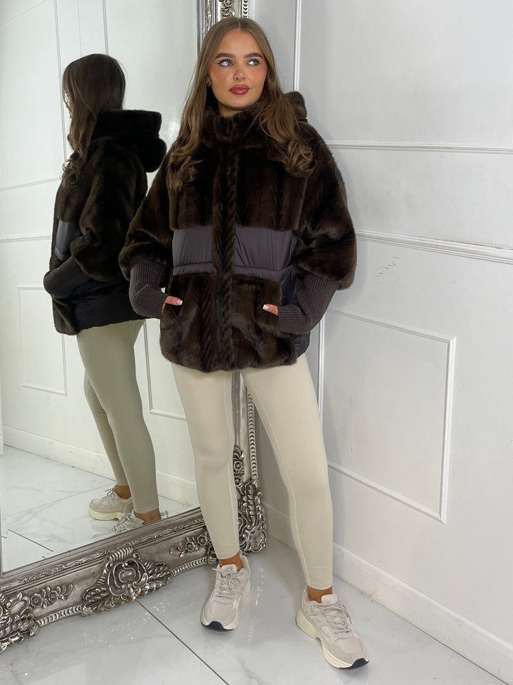 Faux Fur Patch Detail Hooded Jacket - Brown