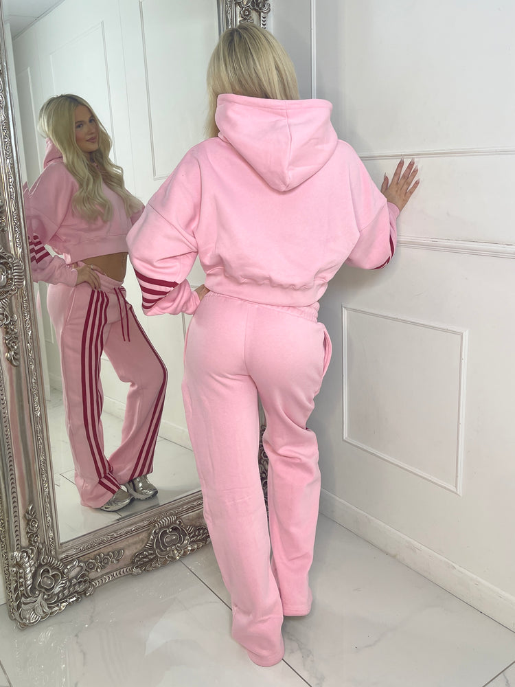 Front Stripe Detail Joggers & Cropped Hoodie Tracksuit - Baby Pink/Wine