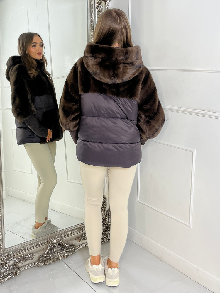 Faux Fur Patch Detail Hooded Jacket - Brown