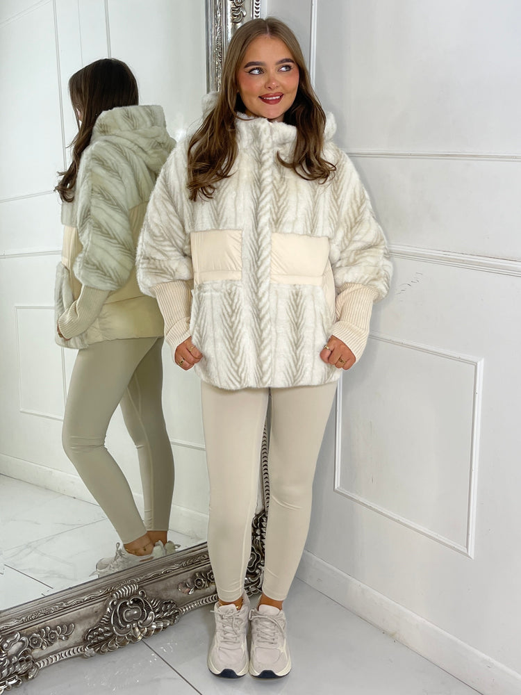 Faux Fur Patch Detail Hooded Jacket - Cream