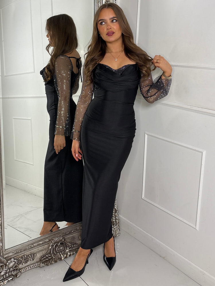 Cowl neck Chainmail Contrast maxi Dress - Black