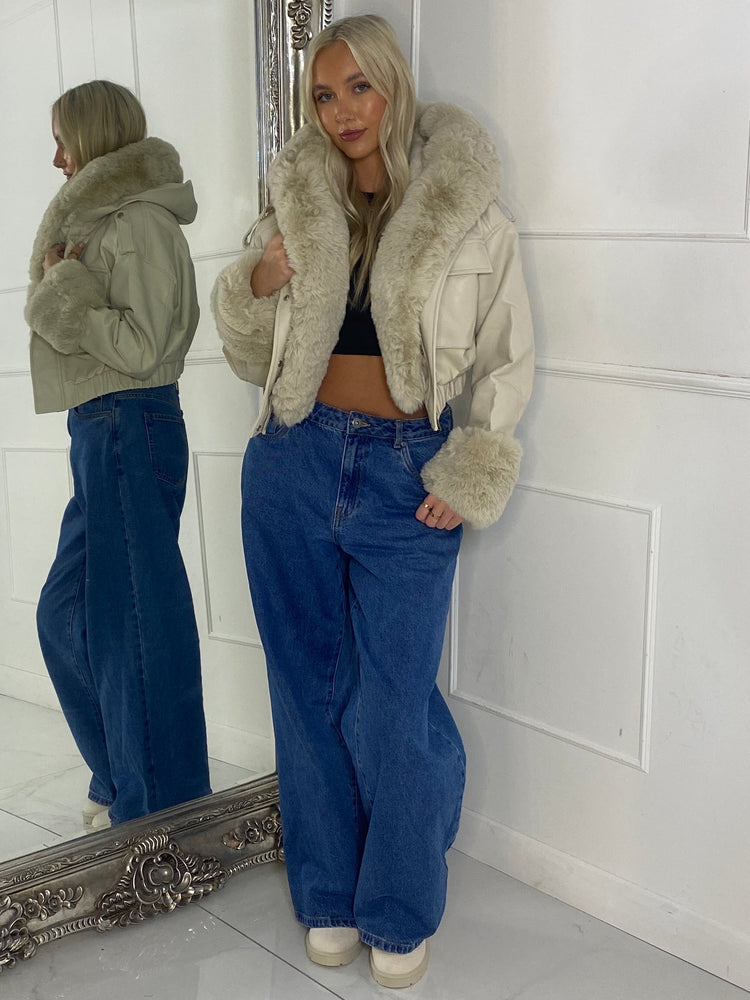 Faux Fur Cuff & Pocket Detail Pu Contrast Jacket - Beige