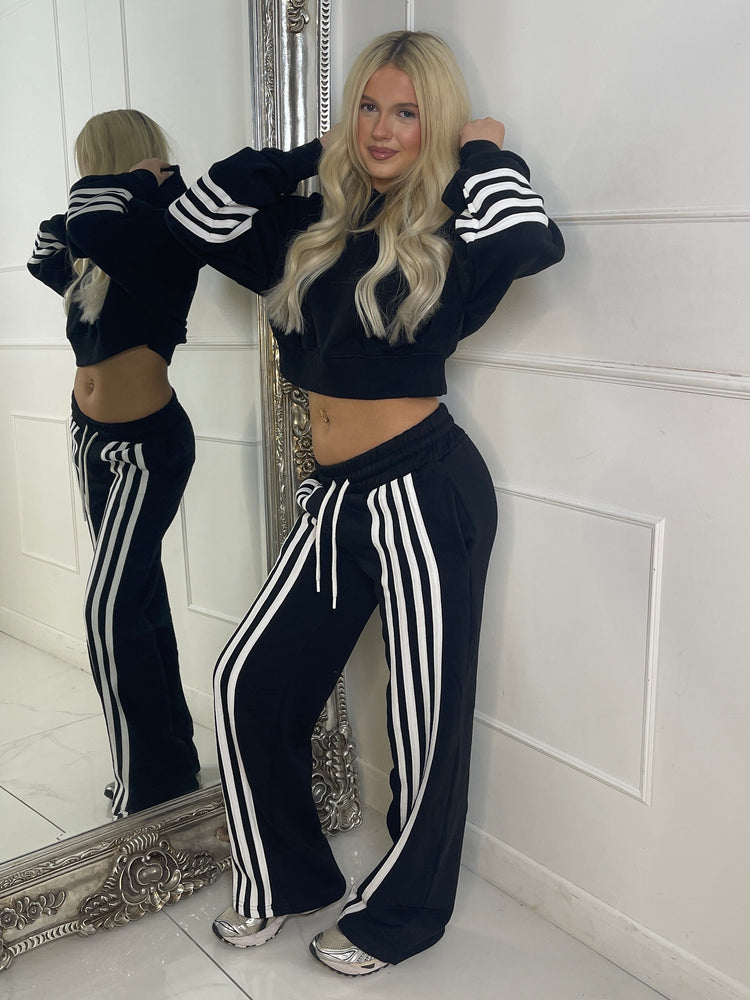Front Stripe Detail Joggers & Cropped Hoodie Tracksuit - Black/White