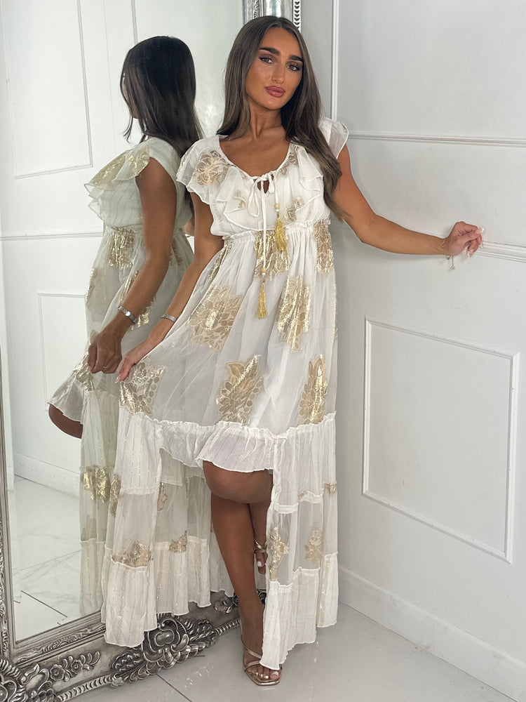 Sleeveless Gold Detail Tassel Front Boho Dress - White