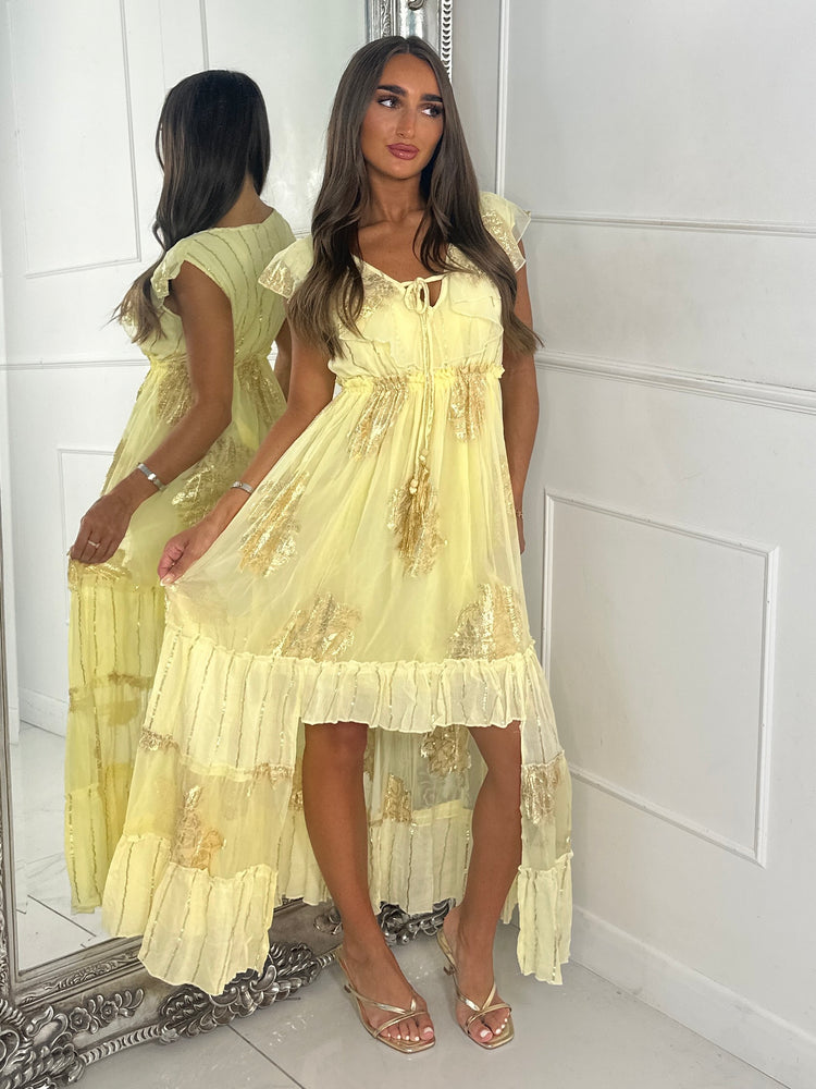 Sleeveless Gold Detail Tassel Front Boho Dress - Lemon Yellow