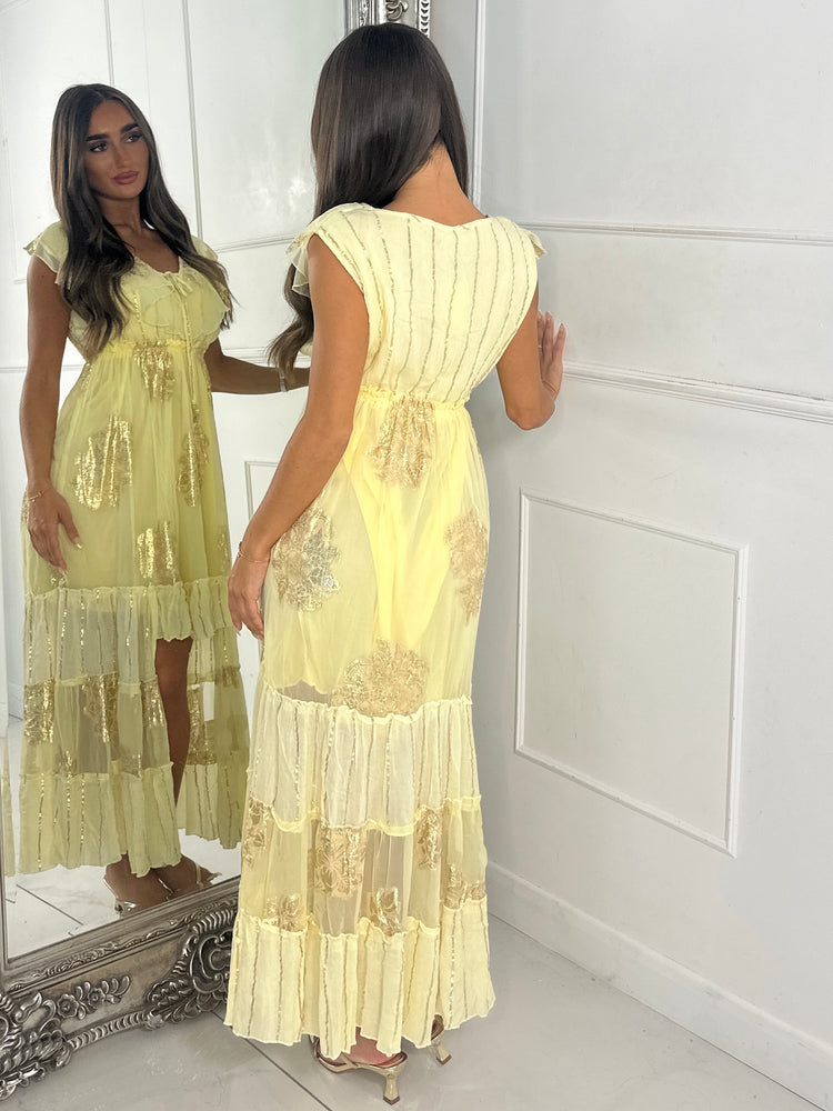 Sleeveless Gold Detail Tassel Front Boho Dress - Lemon Yellow