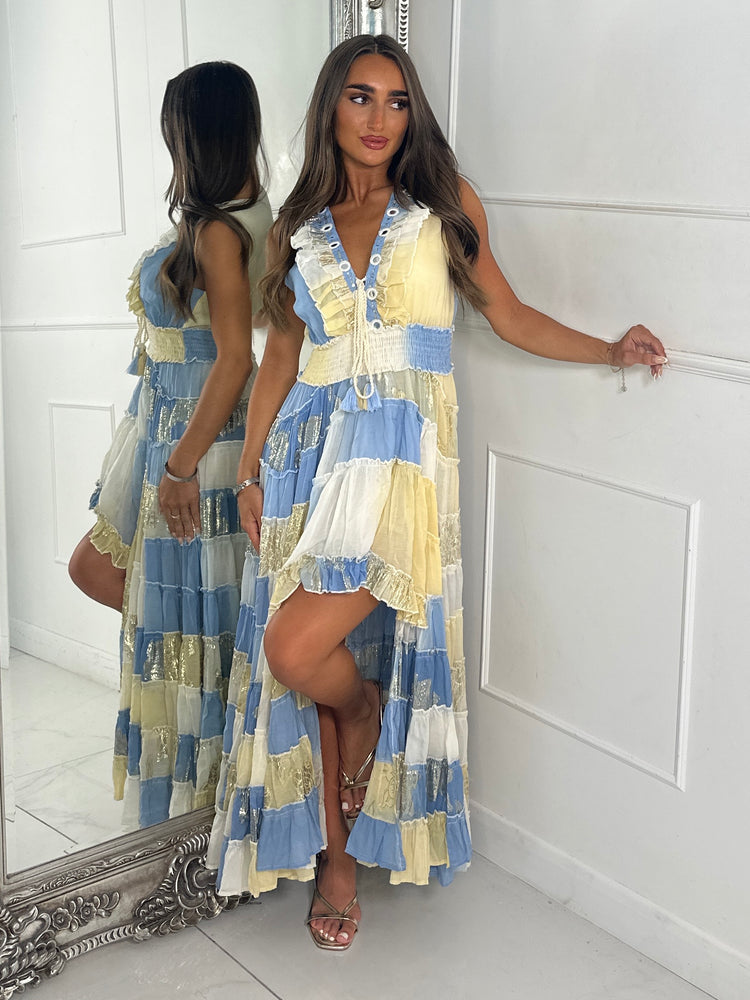 Asymmetric Front Embellished Boho Maxi Dress - Baby Blue/Yellow