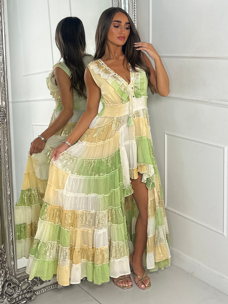 Asymmetric Front Embellished Boho Maxi Dress - Lime/Beige