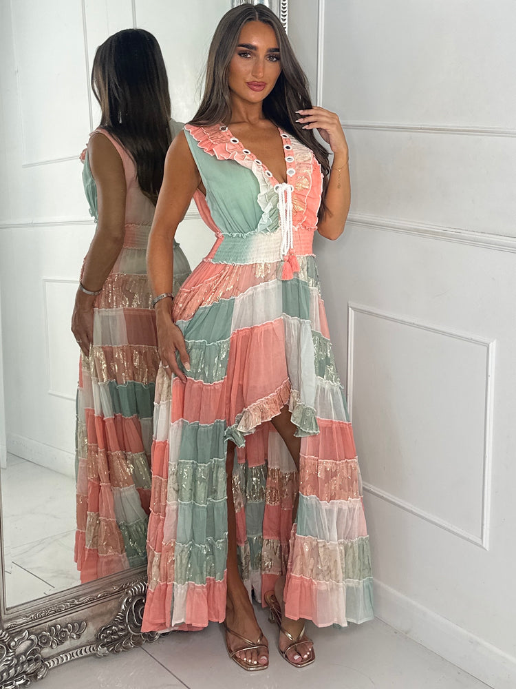 Asymmetric Front Embellished Boho Maxi Dress - Pink/Teal