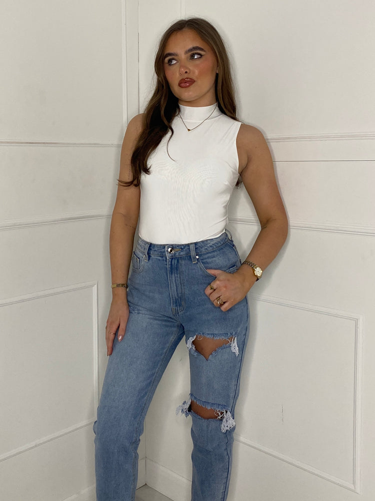Sleeveless High Neck Bodysuit - White