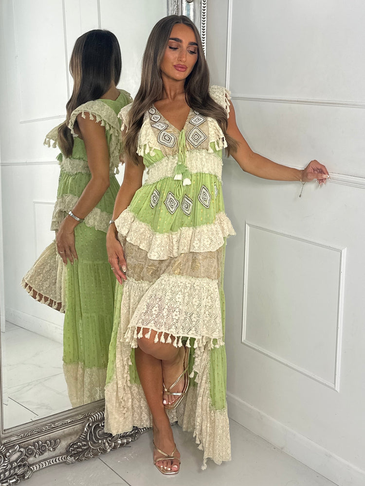 Asymmetric Front Embellished Boho Maxi Dress - Green