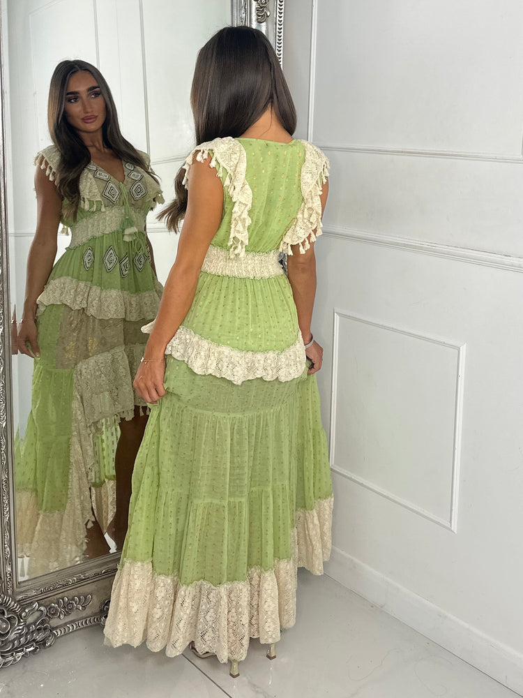 Asymmetric Front Embellished Boho Maxi Dress - Green
