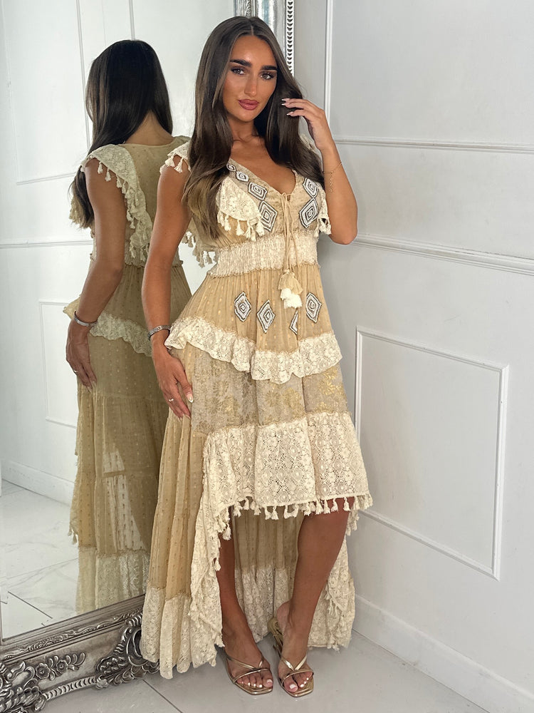 Asymmetric Front Embellished Boho Maxi Dress - All Beige